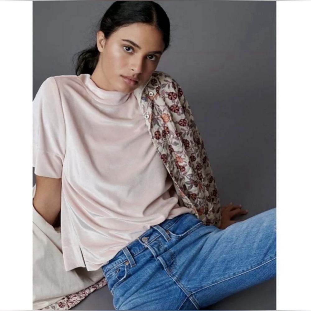 Anthropologie Krisha Velvet Mock Neck Top in Rose (pink)